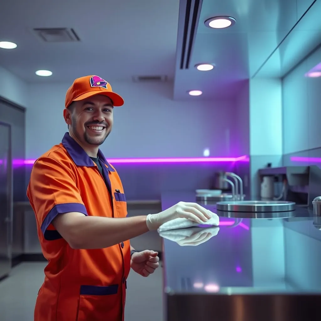 Taco Bell employee focused and content with technology
